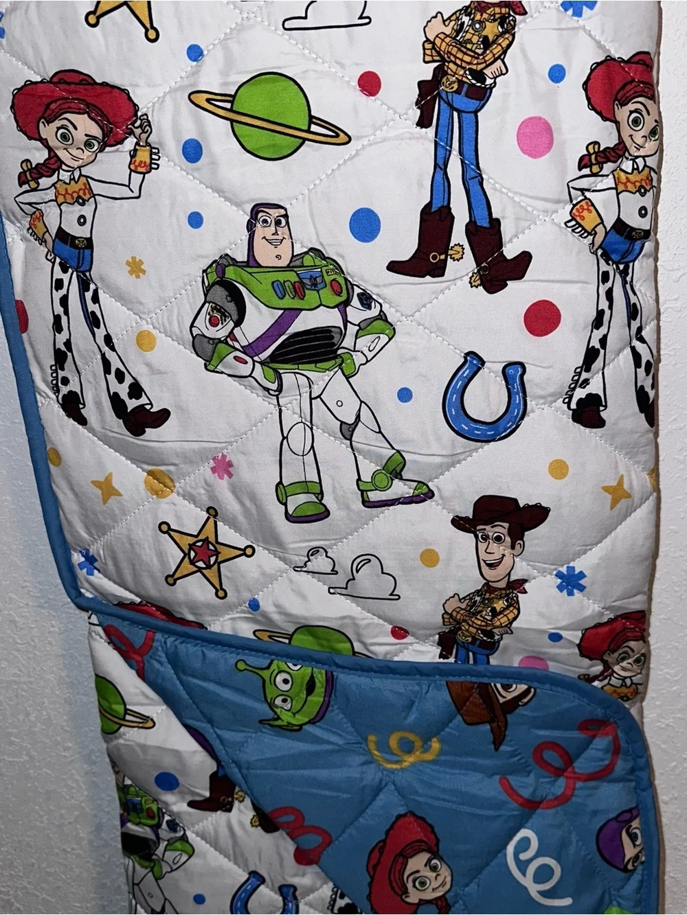 Toy Story Twin Quilted Blanket for Kids Woody Jessie Buzz Alien Bullseye *Flaw